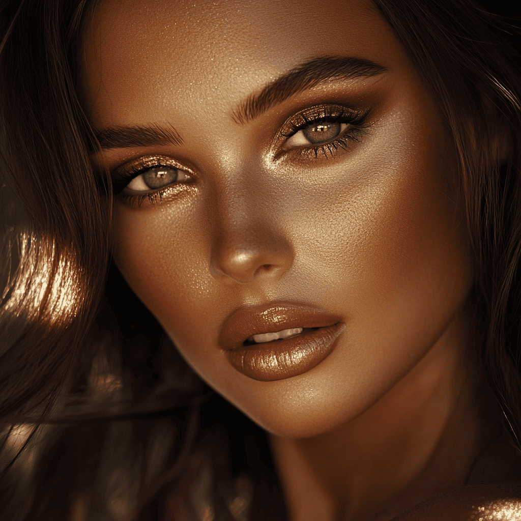A stunning eyeshadow look with gold and bronze hues on a glamorous model.