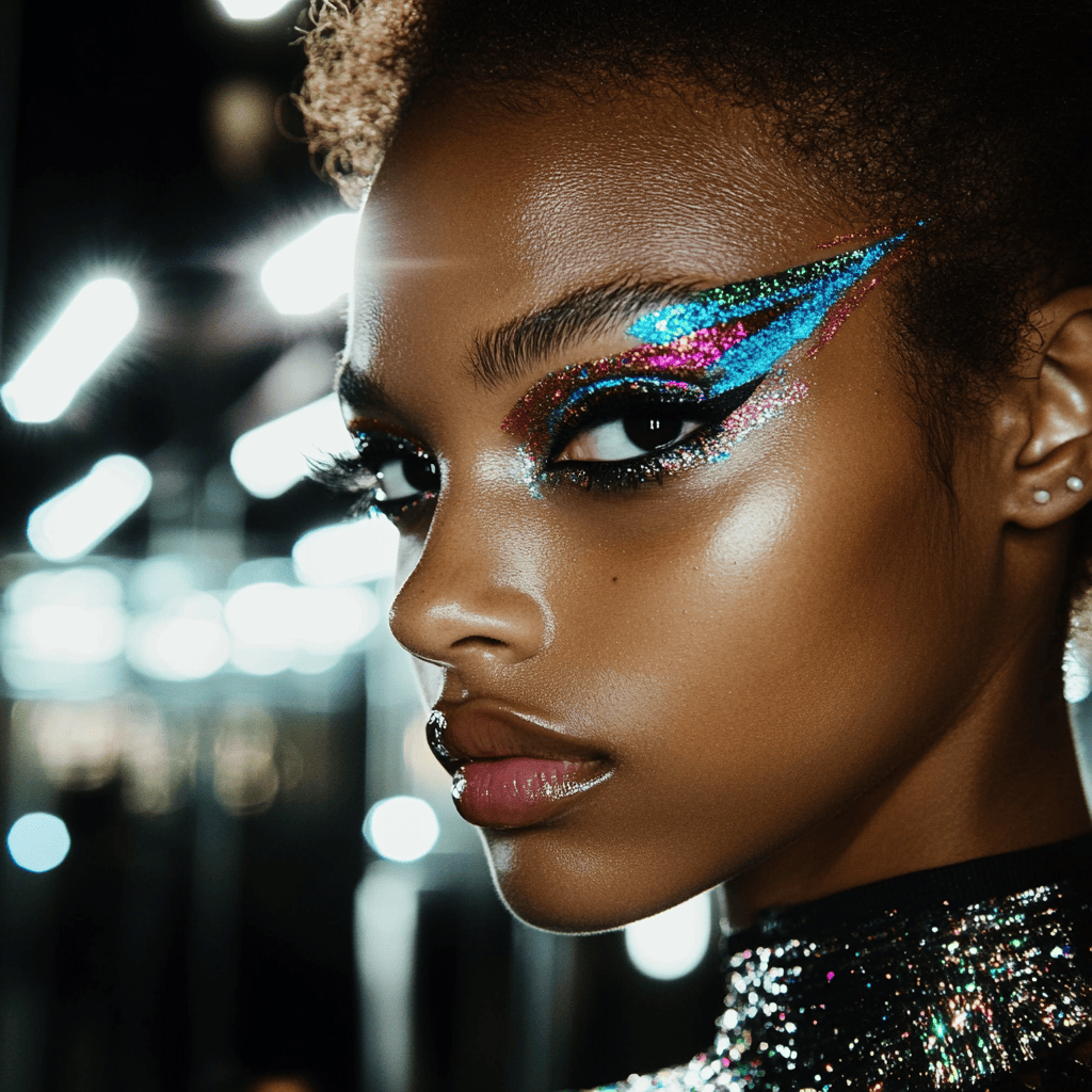 A runway model with dramatic, colorful eyeshadow featuring sharp edges and bold colors.