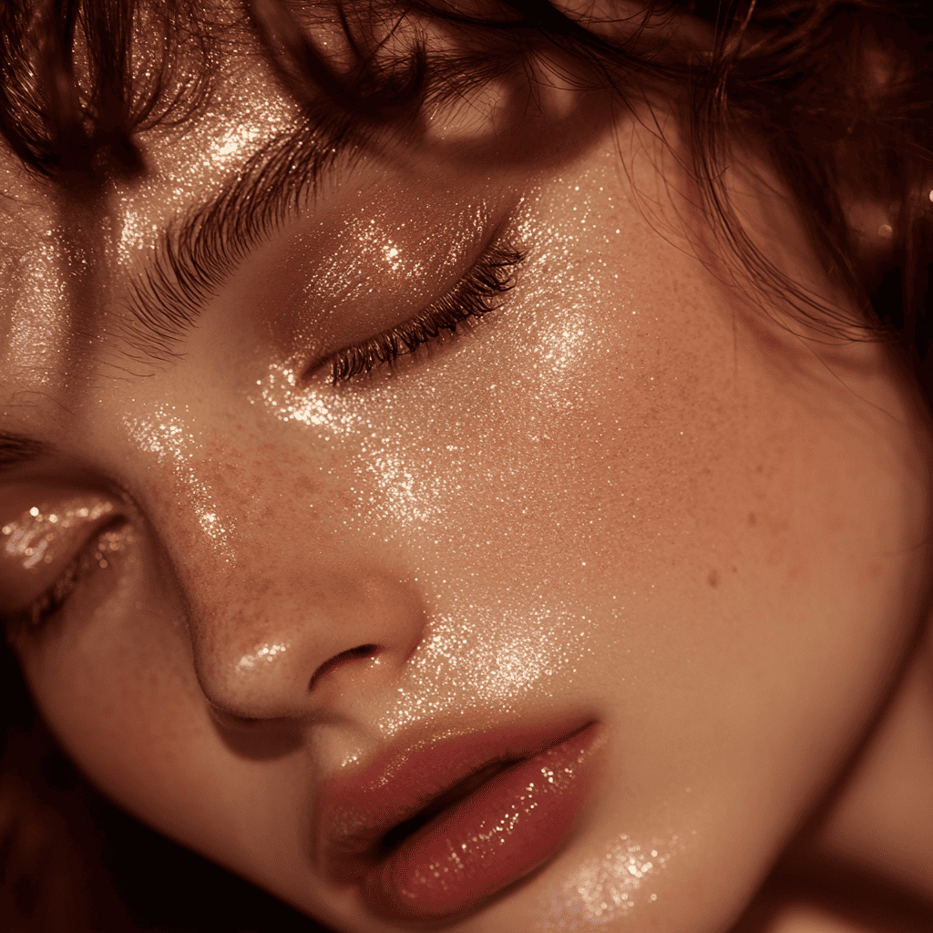 A soft shimmering eyeshadow look in champagne and rose gold tones on a model.