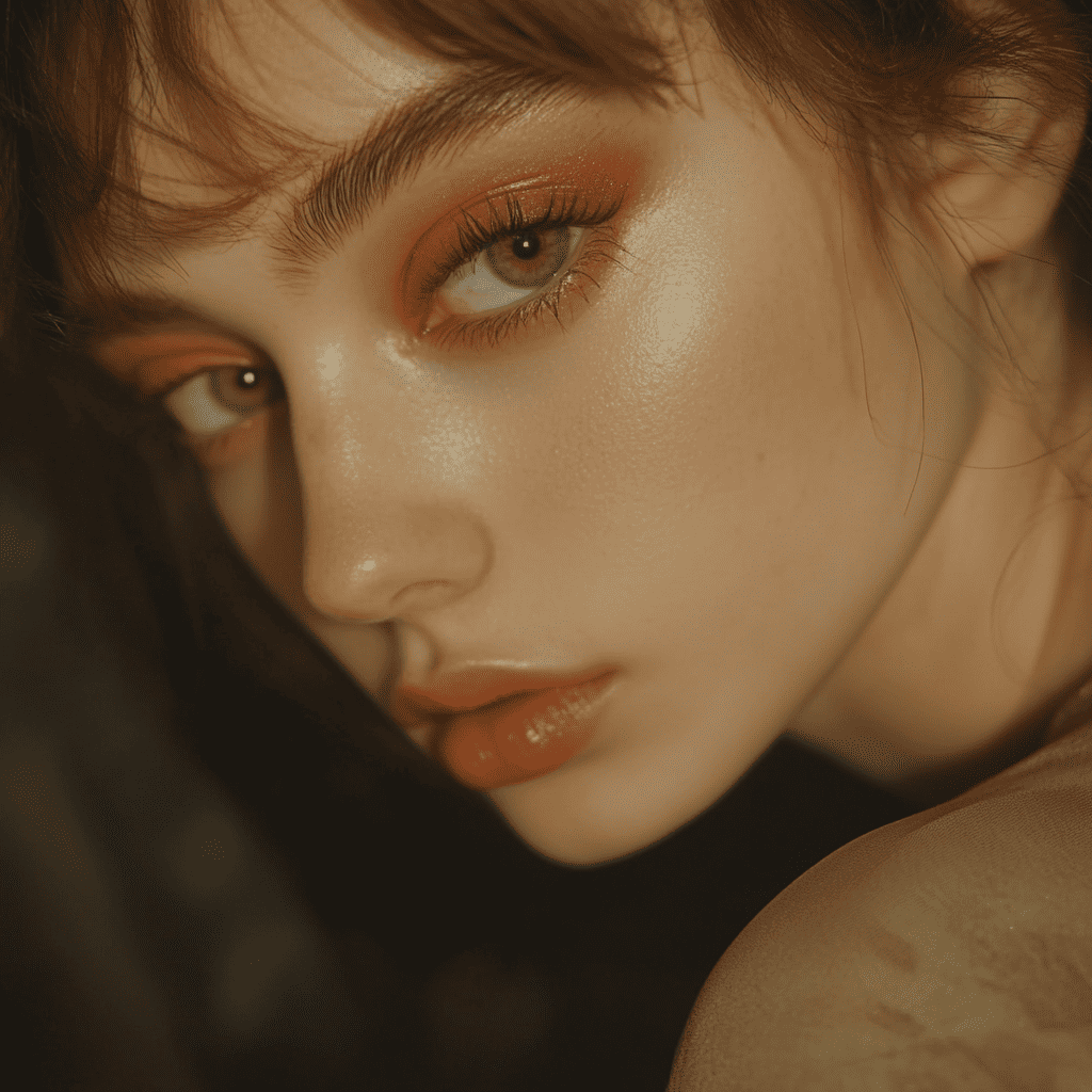 A delicate, soft eyeshadow look in peach and taupe shades for a natural effect.