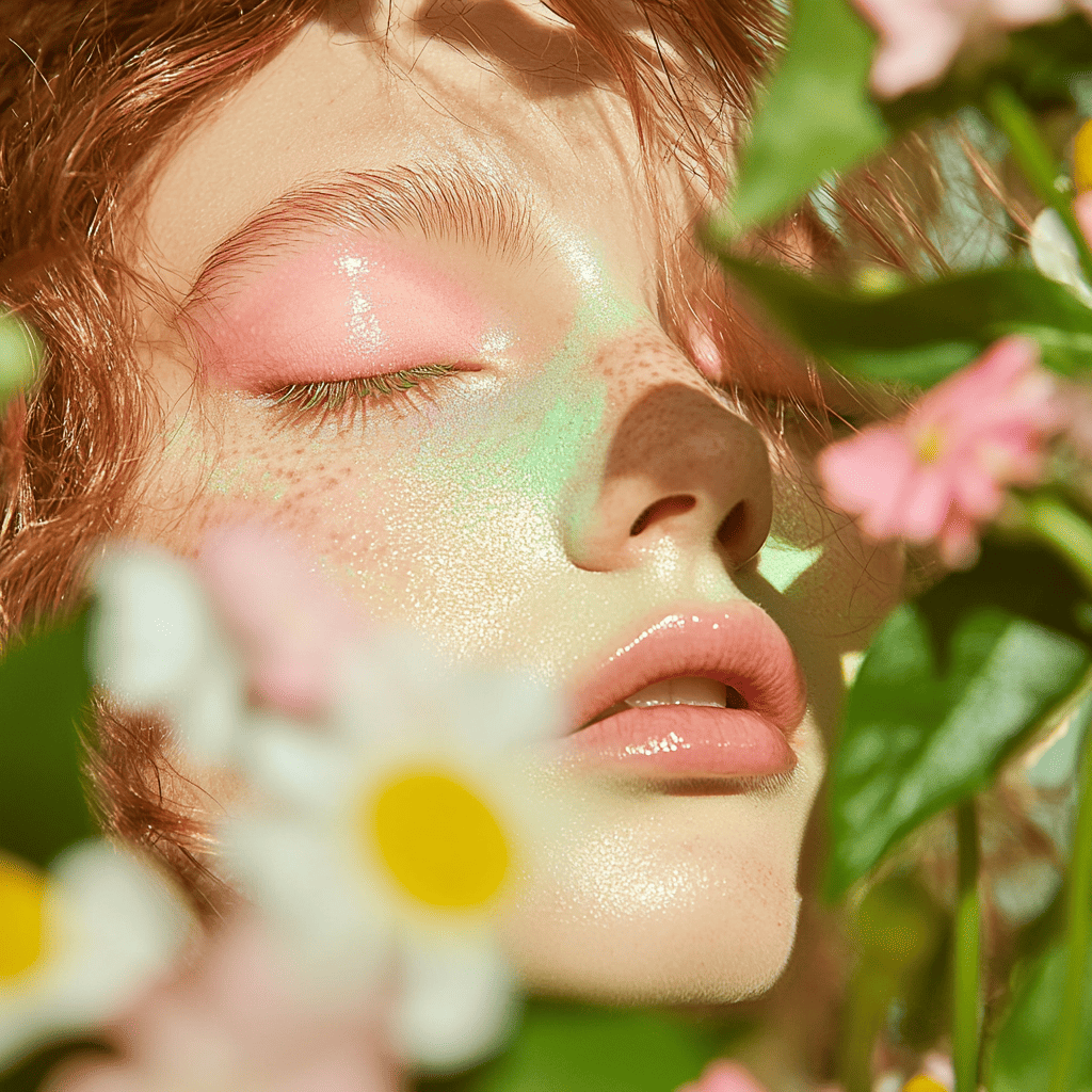 A vibrant spring-inspired eyeshadow look with pastel green, pink, and yellow.